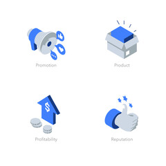 Simple set of isometric flat icons for marketing. Contains such symbols as Promotion, Product, Profitability and Reputation.