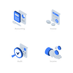 Simple set of isometric flat icons for accounting. Contains such symbols as Accounting, Invoice, Audit and Income.