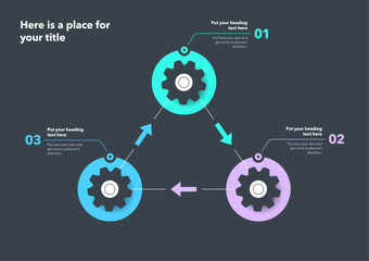 Gear process infographic with three steps - dark version. SImple chart design for workflow layout, diagram, banner, web design.