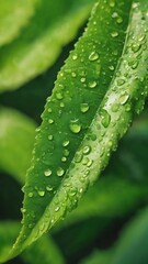 Rain water on a green leaf macro.