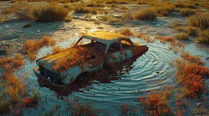 CG animation of an abandoned car in a desolate area, flowers blooming inside the car, a circle of ripples formed around the rustic car,