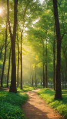 Fototapeta premium Blur nature green park with bokeh sun light abstract background. copy space of travel adventure and environment concept. vintage tone filter color style.