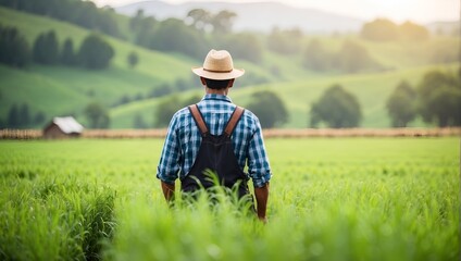 Naklejka na ściany i meble A farmer man in a lush green field with blurred bokeh background