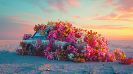 Fototapeta na wymiar Bouquet on wheels: A cluster of flowers adorning an abandoned car, turning neglect into a burst of natural elegance.