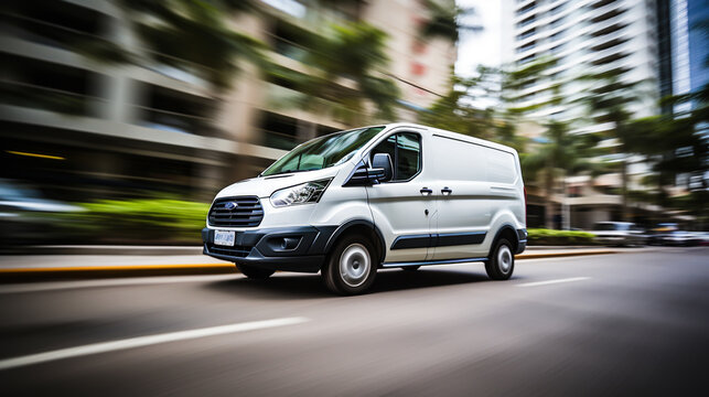 Delivery van delivers fast in a city