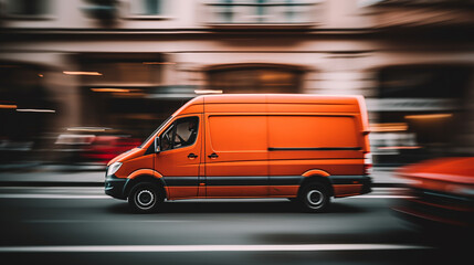 Delivery van delivers fast in a city