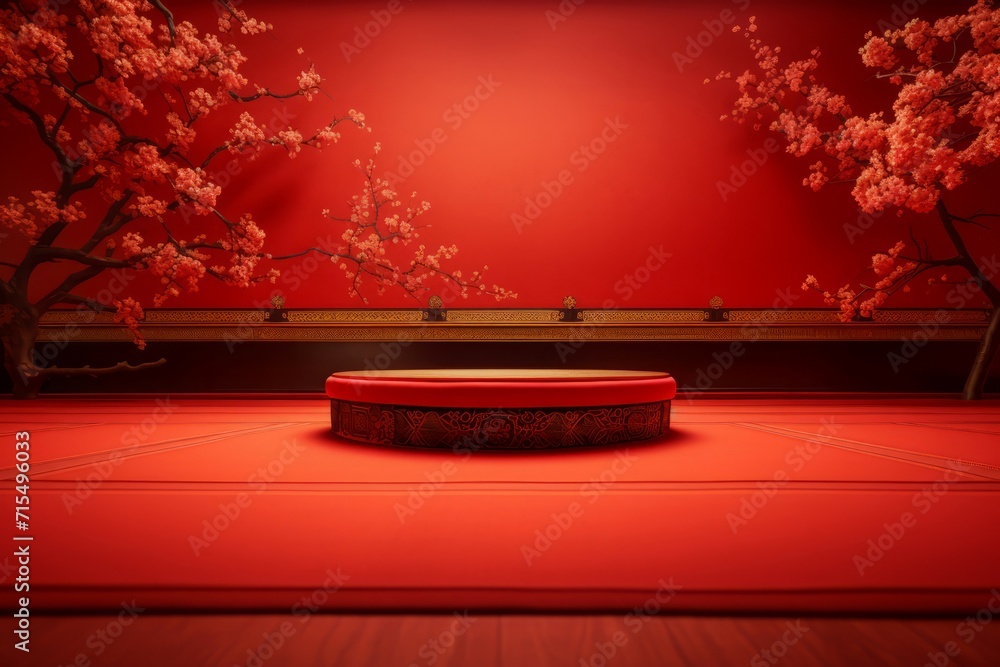Poster empty stage red chinese decoration with trees. display podium shape minimal template. generate ai