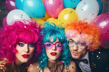people in colorful wigs dressed for party with balloons and confetti. generative ai - obrazy, fototapety, plakaty