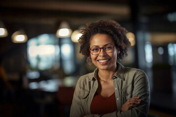 Smiling African American lady with curly hair and casual clothing standing in a cafe, radiating happiness and beauty