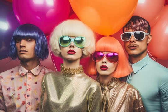 people in colorful wigs dressed for party with balloons and confetti. generative ai