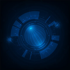 Vector futuristic global connection network  concept. Globe wireframe with tech circle on blue background.