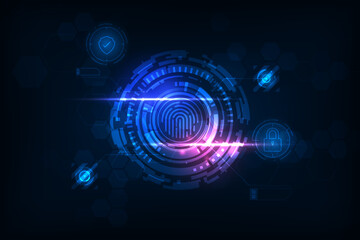 Vector futuristic fingerprint security system concept. Line icon fingerprint with tech circle on blue background.