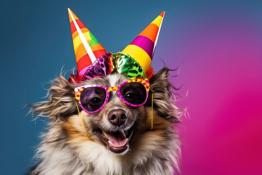 funny dog in a rainbow carnival party. generative ai