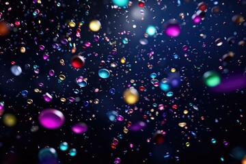 Abstract multicolor transparent balls and bubbles on dark blue background.