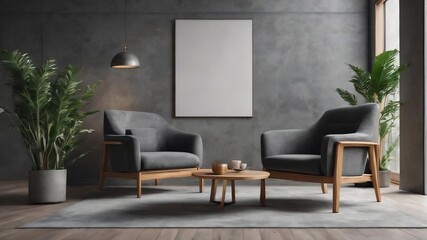 Dark grey armchair and a wooden table in living room interior with plant,concrete wall.3d rendering