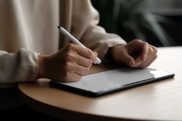 Faceless portrait woman working stylus at office desk. Person internet art pen. Generate Ai