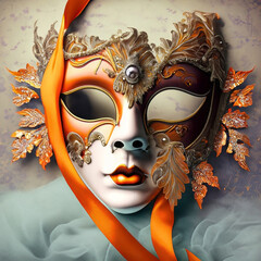 Venetian mask, decorated with ribbon in orange colors, for the Venice carnival