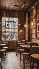 Coffe shop with wooden walls unfocused