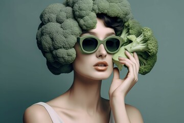 Fashion woman brunch broccoli head. Green eco party fashion surrealism. Generate Ai