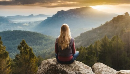 Naklejka na ściany i meble Woman sitting on a rock enjoying the view, mountains, travel, fog 