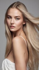 Fototapeta premium Beautiful model with long smooth, flying blonde hair isolated on white studio background. young caucasian model with well-kept skin and hair blowing on air.