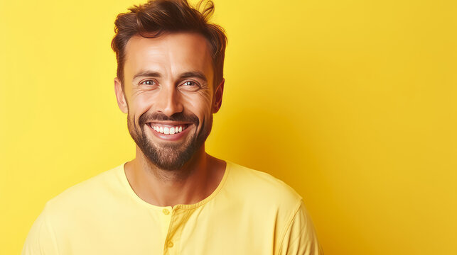 Handsome elegant sexy smiling Caucasian man with perfect skin, on a yellow background, banner, close-up.