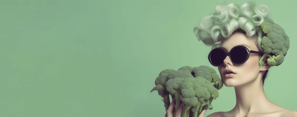 Fashion woman brunch broccoli head banner. Young food person face art. Generate Ai - obrazy, fototapety, plakaty
