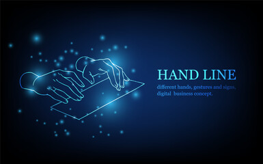 Human hand line, different hands, gestures and signs, digital business concept, futuristic digital innovation background vector illustration.