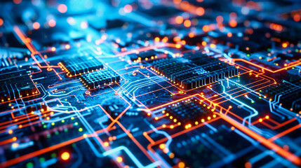 Obraz premium Digital Technology Lines: Abstract representation of digital technology lines and circuits in a blue background