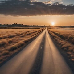 Fototapeta na wymiar Shot of a highway road surrounded by dried grass fields under a sky during sunset