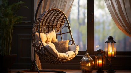 Rattan swing chair on black metal stand UHD wallpaper