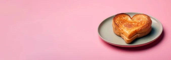 Tuinposter Grilled cheese sandwich shape heart on pink banner. Food lunch romantic snack. Generate Ai © nsit0108