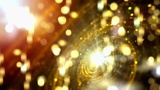 4k Gold light shine particles bokeh, holiday concept. Christmas animated golden background with circles and stars. Space background. Seamless loop.