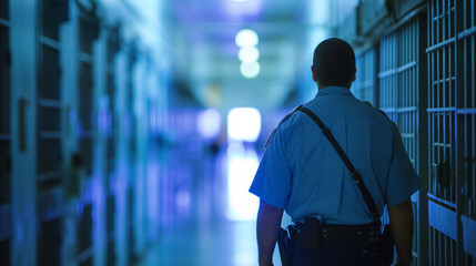 Photo of a guard patrolling a prison corridor - obrazy, fototapety, plakaty