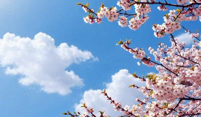 Spring banner with branches of blossoming cherry background with blue sky, landscape panorama, copy space.