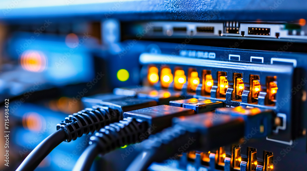 Poster networking hub: a close-up of networking equipment, cables, and connectors in a technology server se