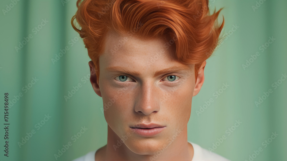 Wall mural Handsome elegant sexy Caucasian man with perfect skin and red hair, on a light green background, banner, close-up.