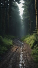 Obraz premium Curvy narrow muddy road in a dark forest surrounded by greenery and a little light coming from above