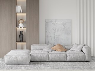 Mock up of a bright spacious living room with a fashionable large sofa and a modern stylish background, 3d rendering.