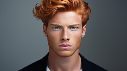 Handsome elegant sexy Caucasian man with perfect skin and red hair, on a gray background, banner, close-up.