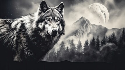 a wolf's face overlaid with forest trees, mountains, and a full moon in the sky, a photo-realistic graphite pencil and charcoal design with dynamic lighting against a white background.