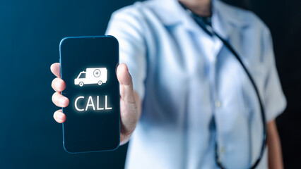 Emergency Services Connectivity Doctor's Hand Holds Smartphone, Ambulance Call, and Hospital Services