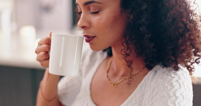 Woman, smell coffee and morning in home with steam, flavor and thinking with memory, vision or idea. African girl, tea cup and scent with latte, espresso or coco in house, apartment and remember