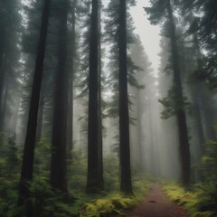 Obraz premium Tall trees in the forest in the mountains covered with the fog