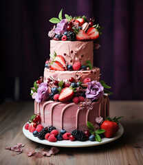 Wedding cake with fresh berries and cream in beige and pink colors, on dark background.