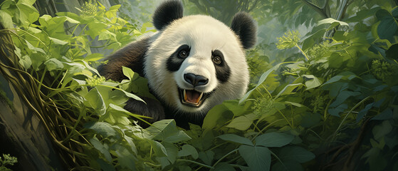 Panda among the foliage.Cute animals.illustration,background