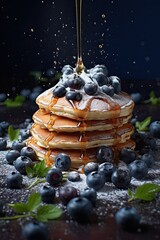 Pancakes on a plate with blueberries and sugar powder on wooden table.