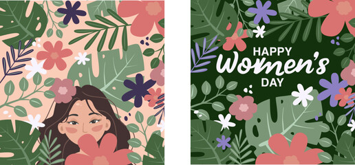 Happy Women's Day Greeting Card with Flowers and Leaves, 2 pc,Vector illustration of two pieces, flat style, young girl in flowers and tropical leaves.