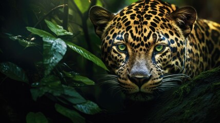epic trees from a ground-level view in the Brazilian Rainforest, with an enchanting leaf cover and the inclusion of a Jaguar resting on a branch, showcasing the shiny realism of the big cat's eyes.