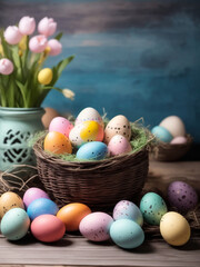 Fototapeta na wymiar Happy easter day poster with painted eggs in the basket on wooden rustic table, generative AI